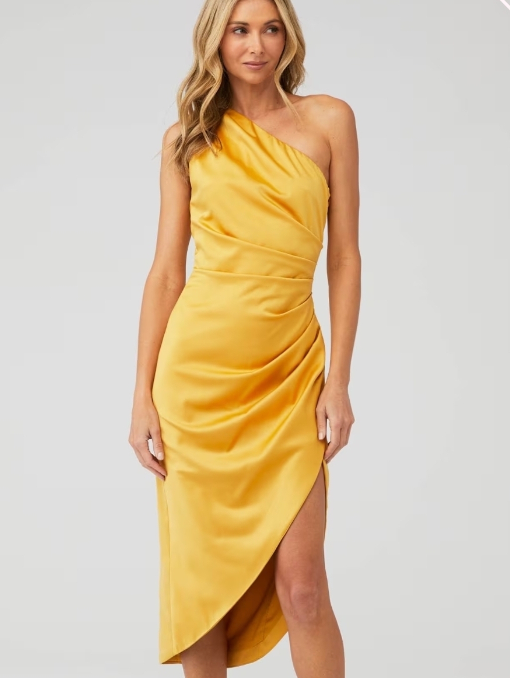 Elliatt Cassini Dress Gold Satin Tumeric Yellow Xs One Shoulder Ruched Side Zip